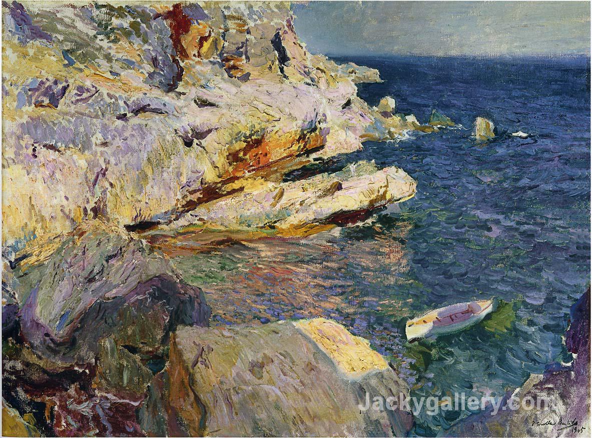 Rocks and white boat, Javea by Joaquin Sorolla y Bastida paintings reproduction